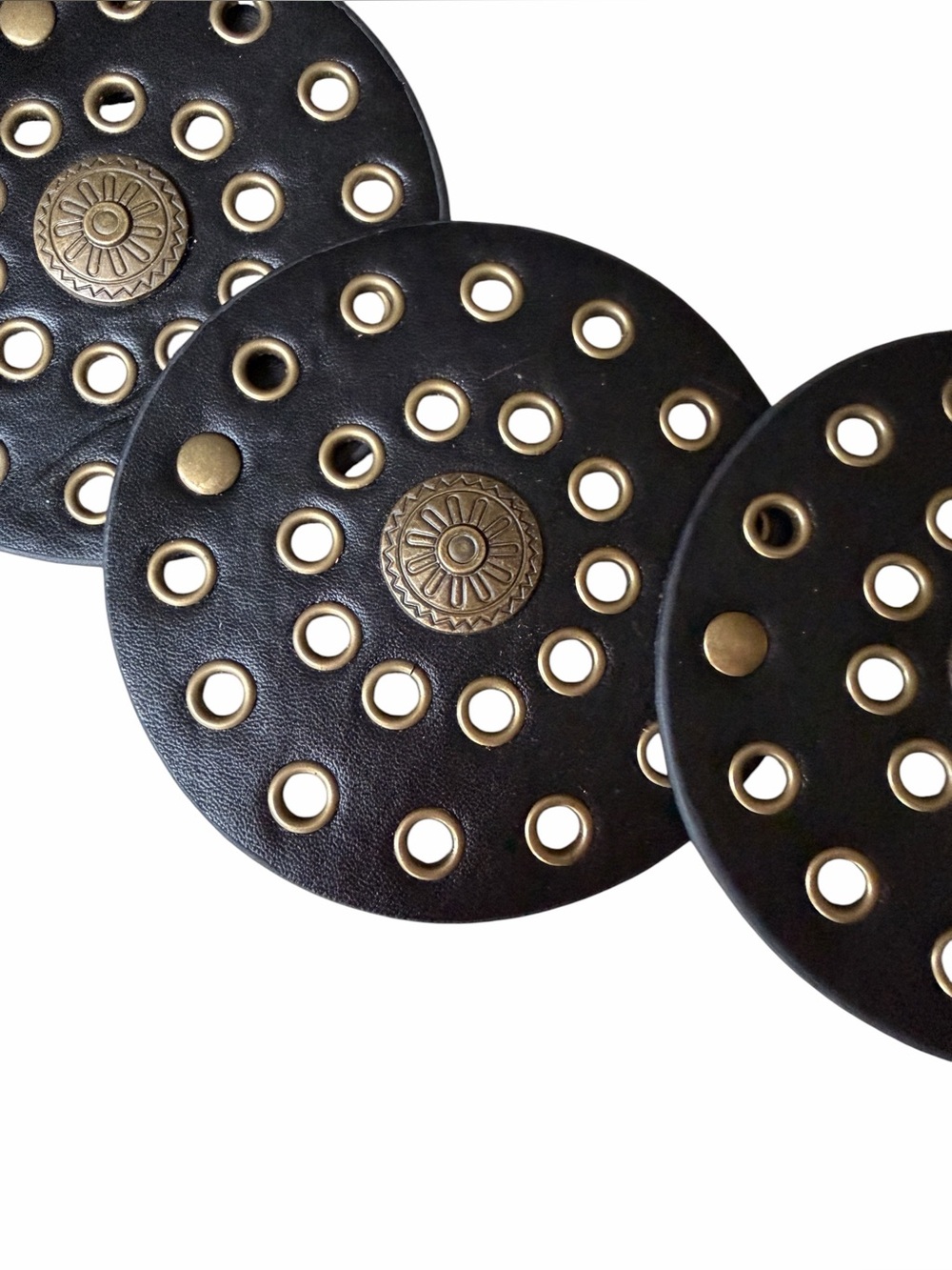 Wide Western Boho Belt Brown Leather Belt with Aged Brass Concho Embellishments - Picture 3 of 8